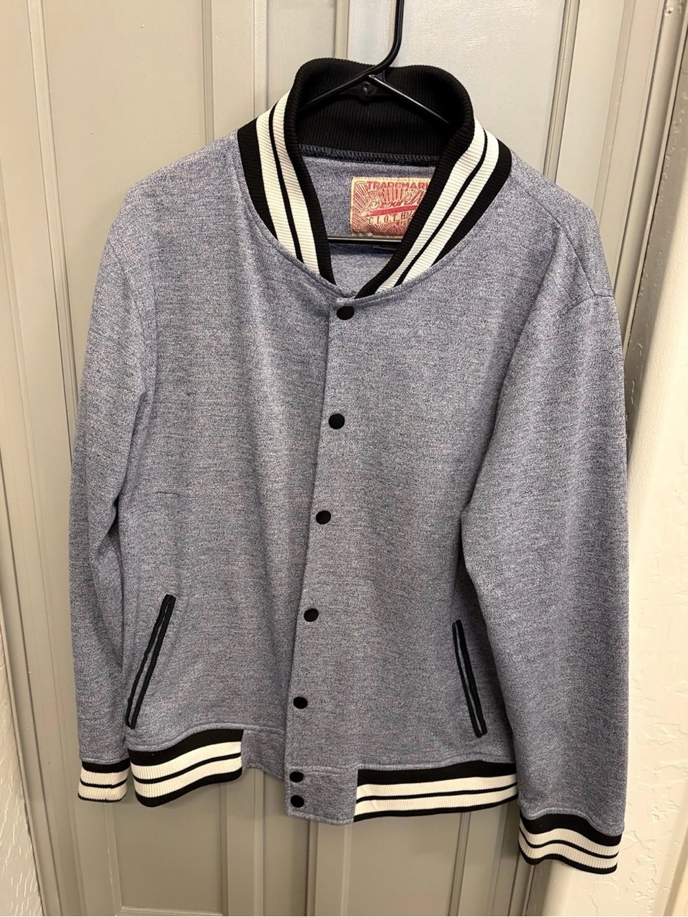 Men's Grey Bomber Jacket with Striped Rib Knit Trim